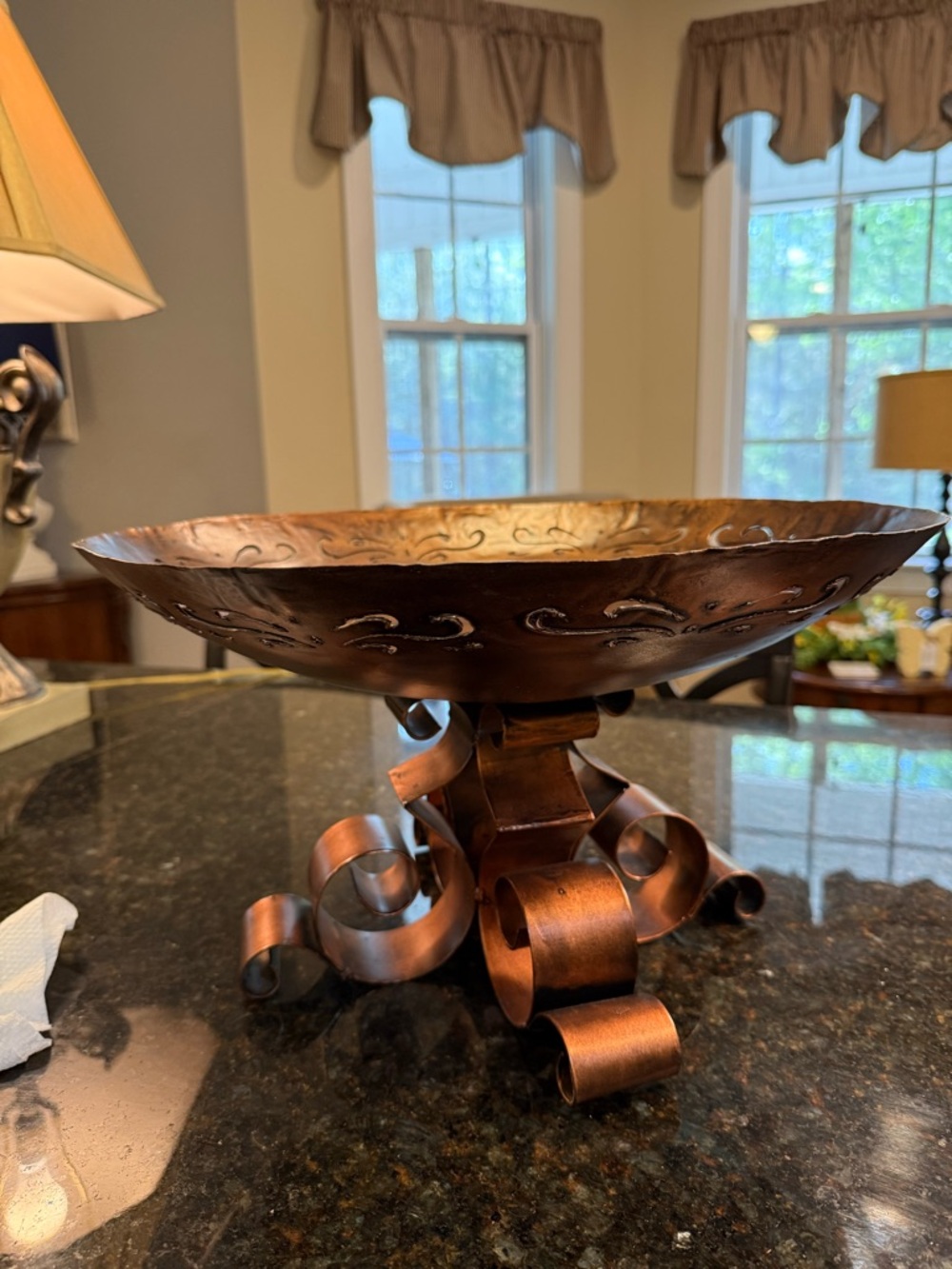 Decorative Hammered Copper Scroll Pedestal Bowl